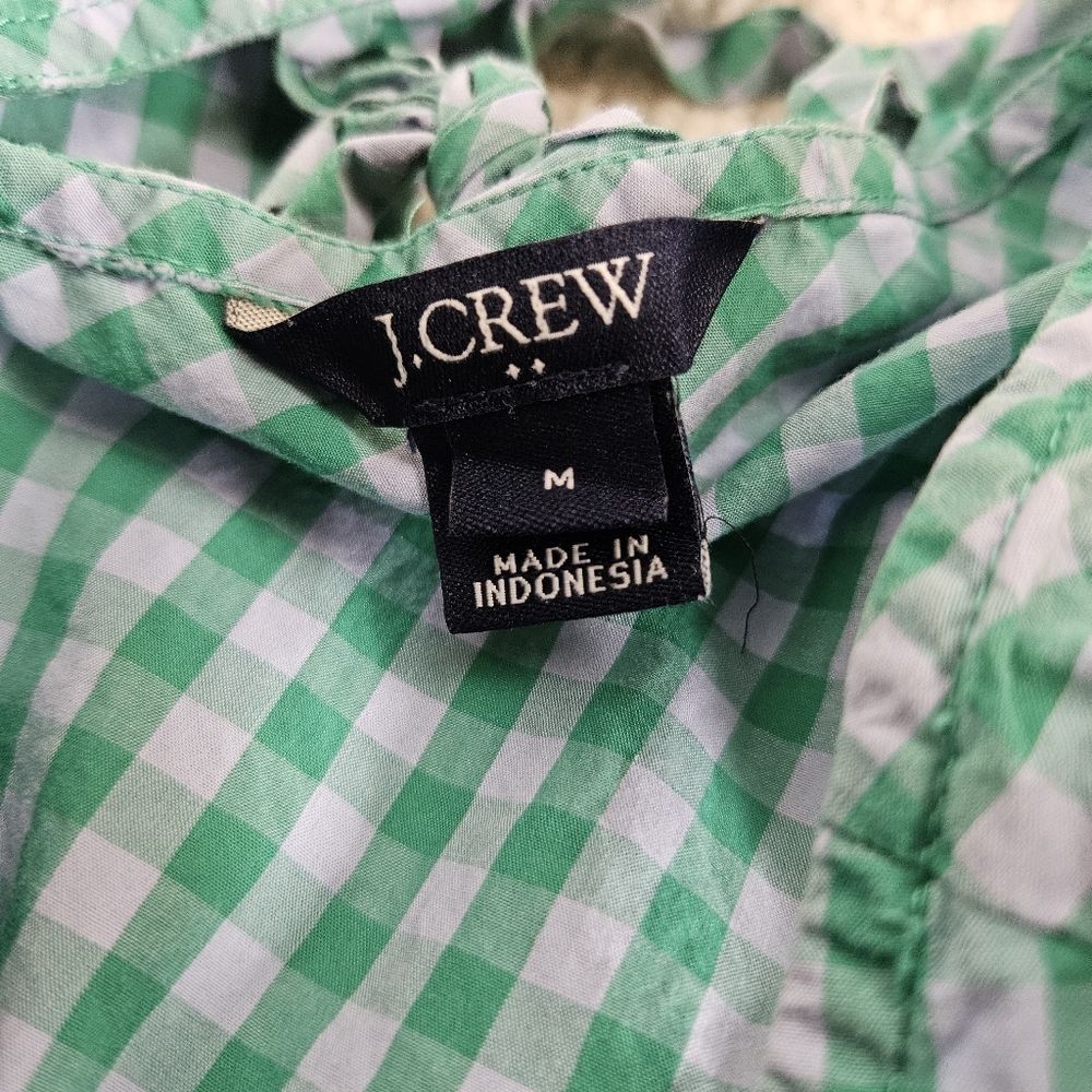 Medium J Crew Gingham Peplum Sleeveles Top Tank Bow Back Blue Green - Picture 7 of 9